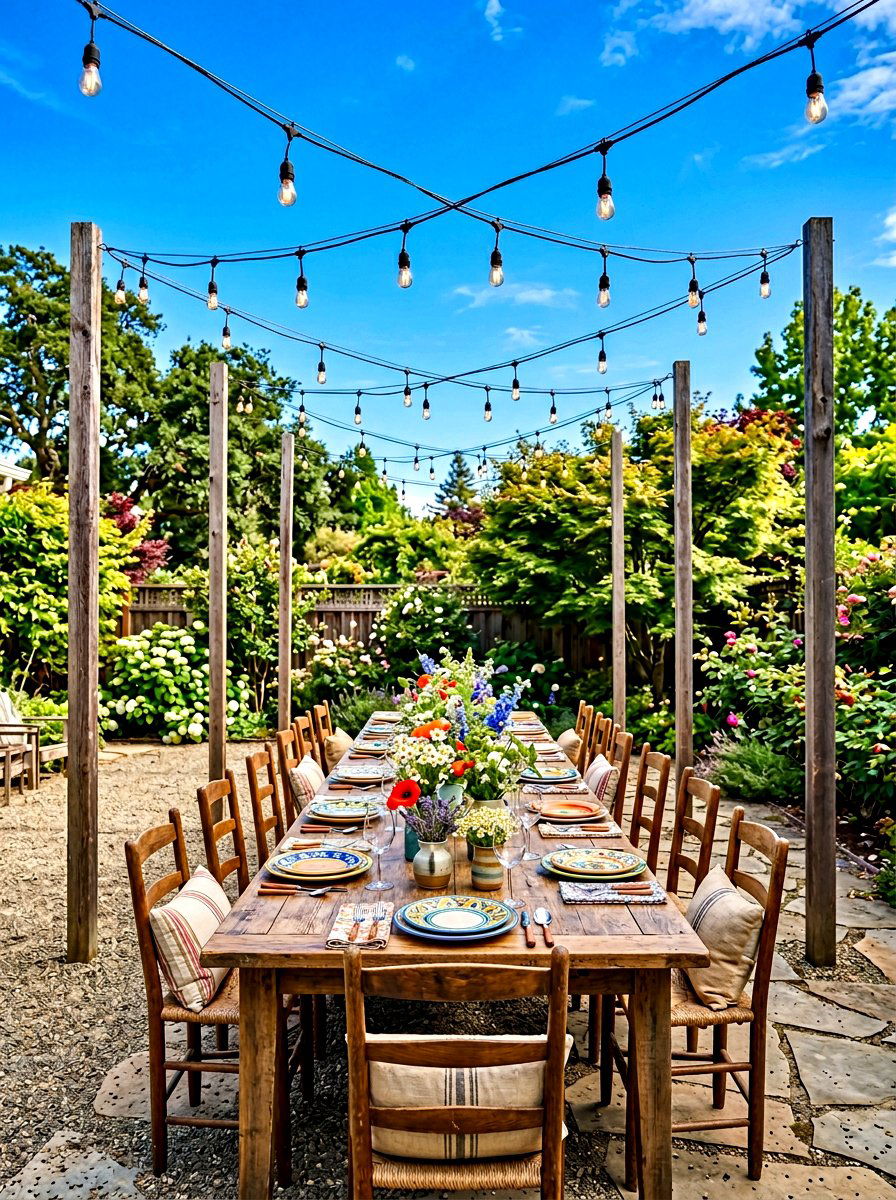 Overhead String Lights - 30 bohemian backyard ideas
