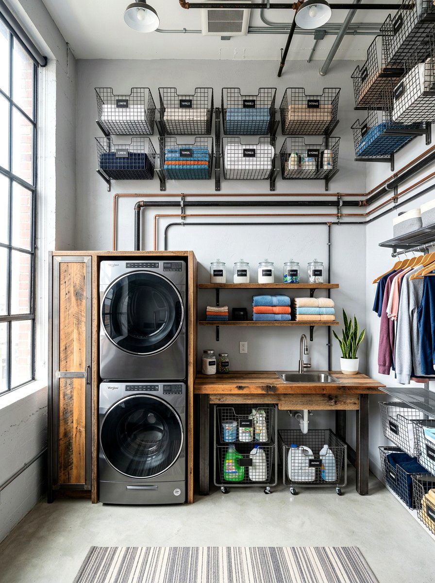 Overhead Wire Baskets - 30 narrow laundry room ideas