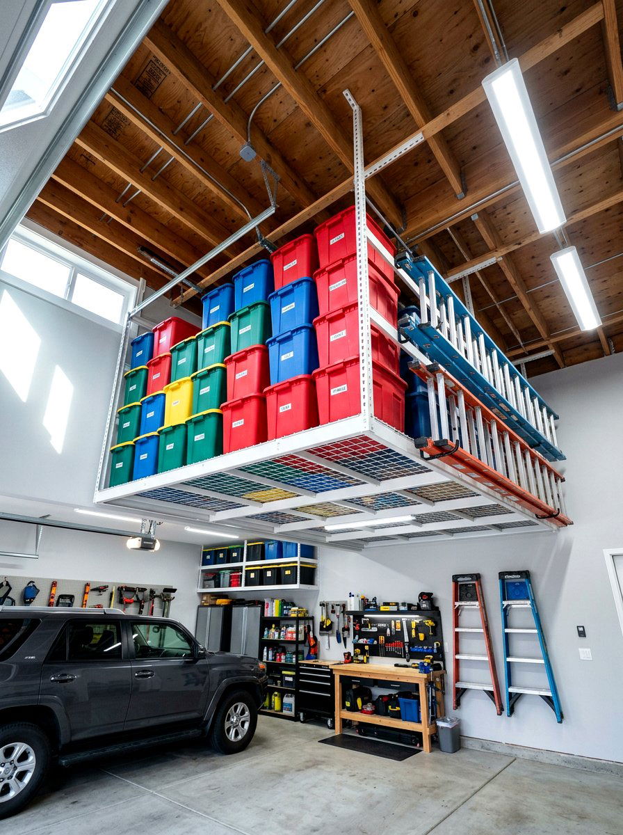Overhead ceiling storage rack - 30 small tool organizer ideas