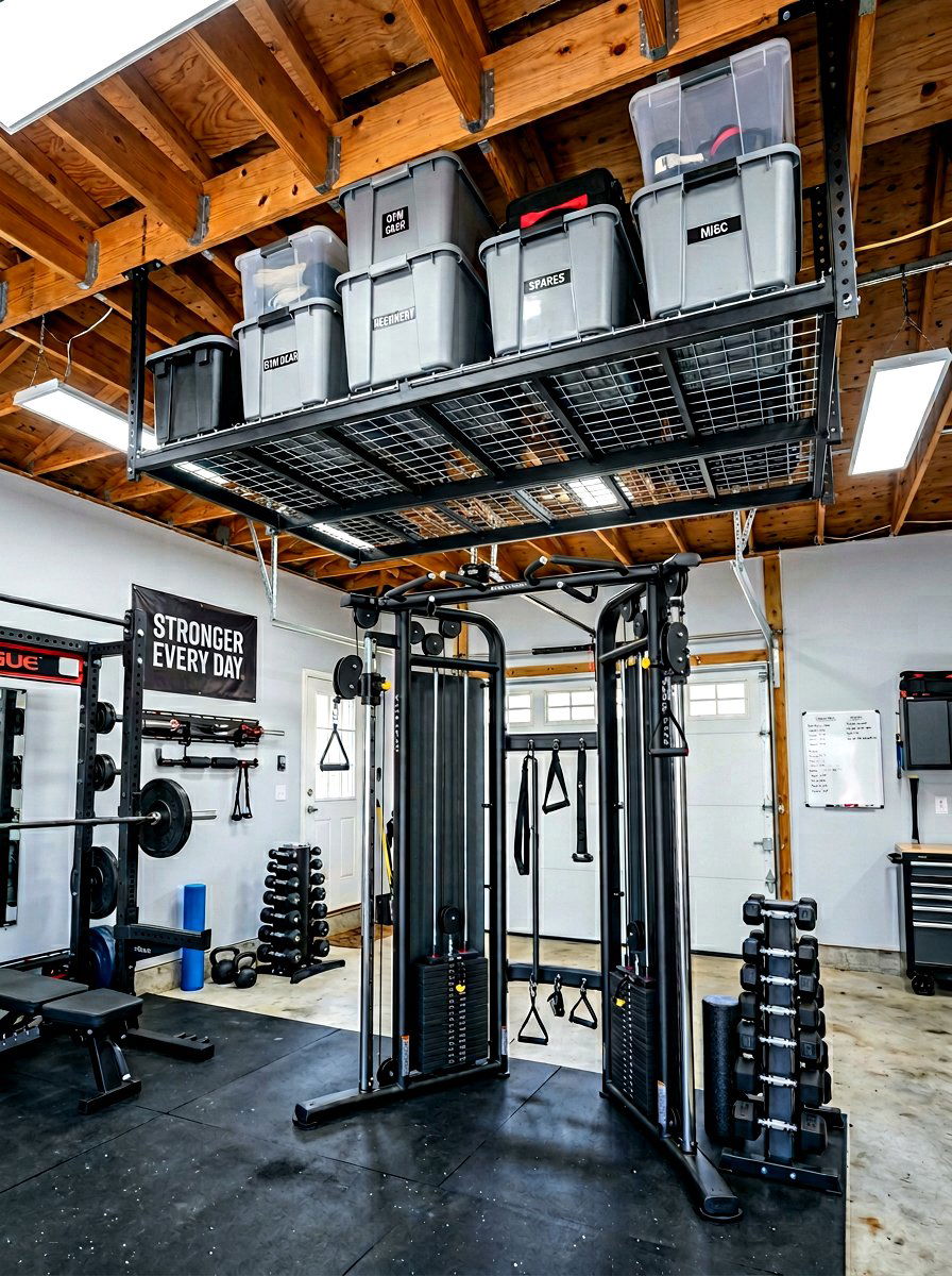 Overhead garage storage rack - 30 garage gym ideas