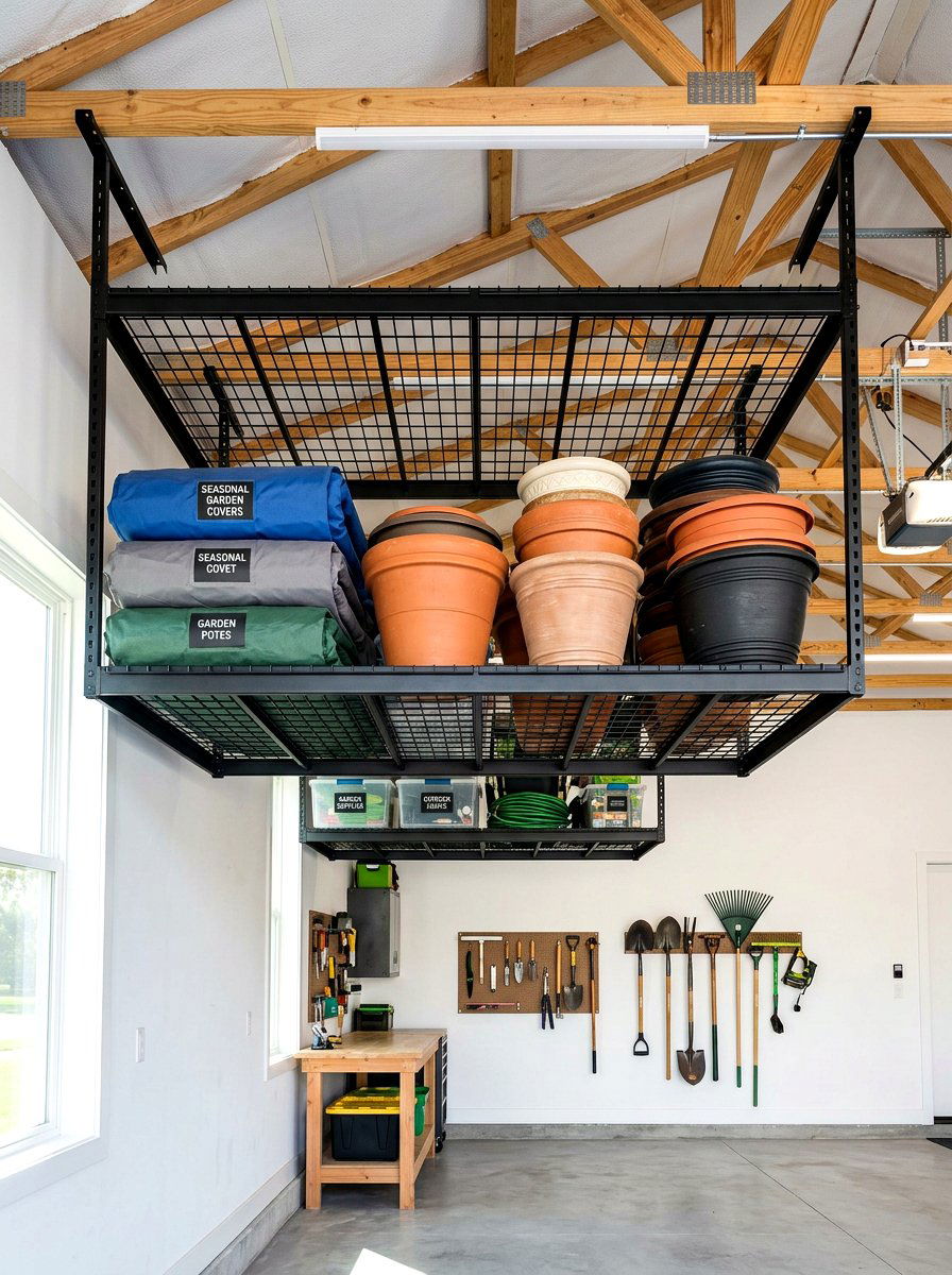 Overhead storage rack - 30 potting shed storage ideas