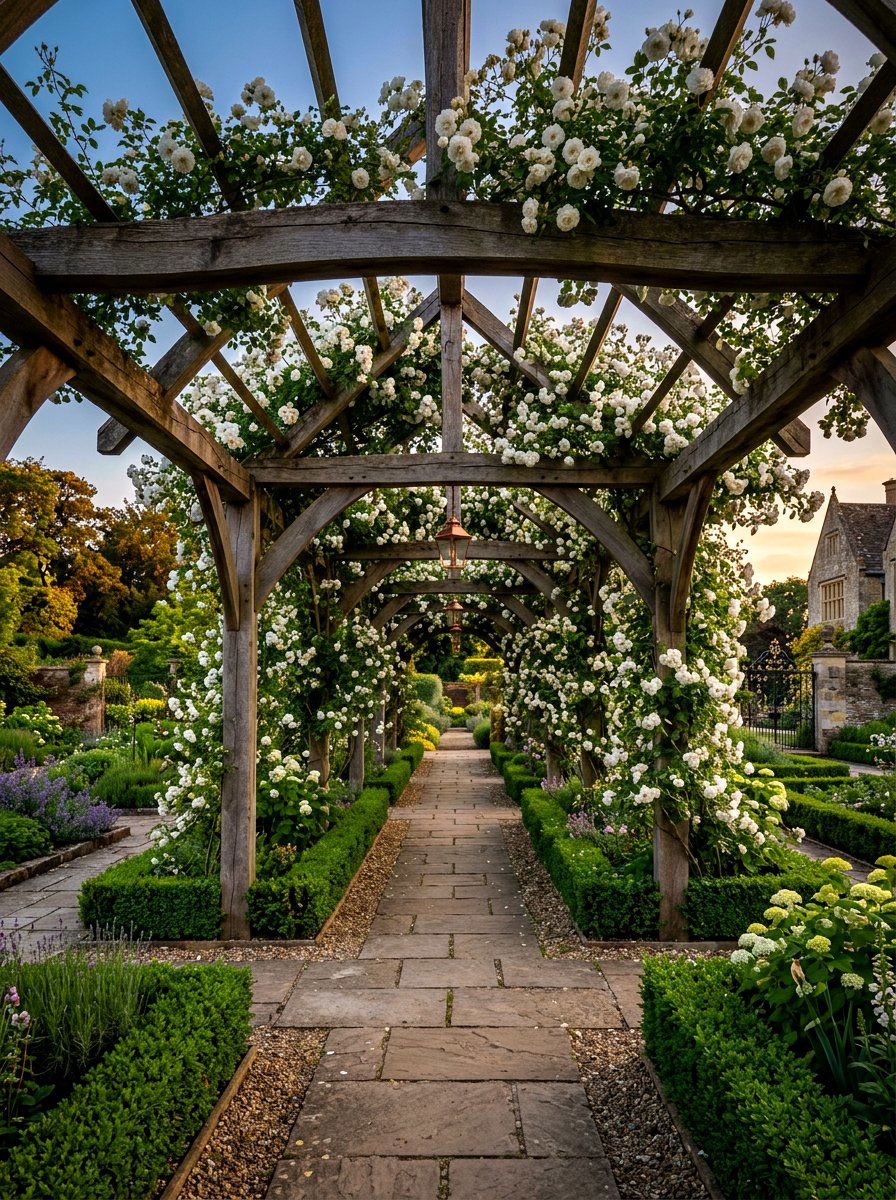 Overhead walkway arbor - 30 climbing rose trellis ideas