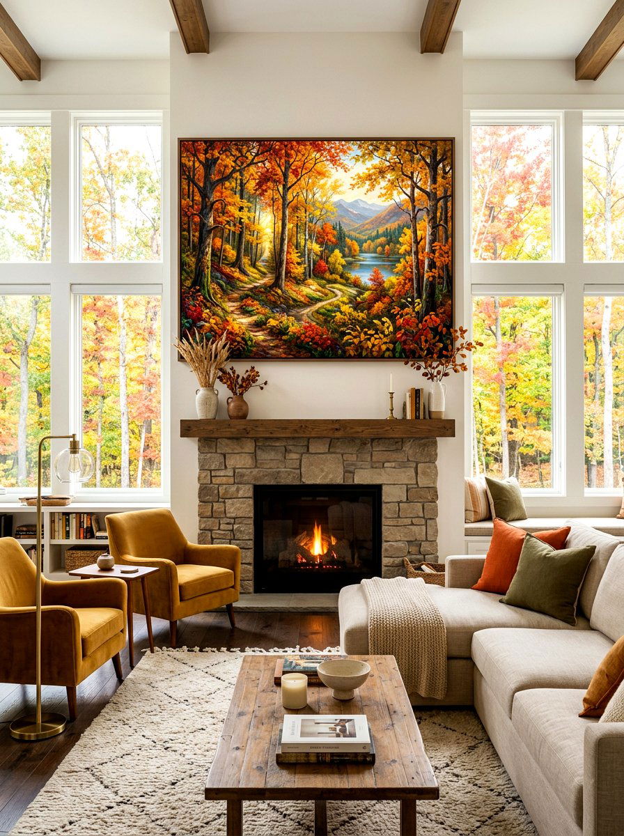 Oversized Autumn Landscape Painting - 30 fall mantel styling ideas