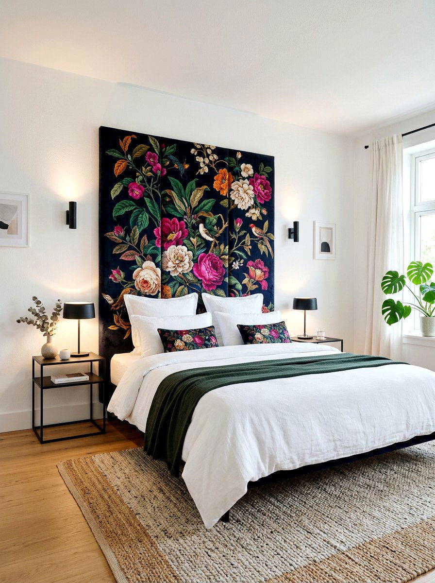 Oversized Floral Print Headboard - 30 dark floral bedroom aesthetic ideas