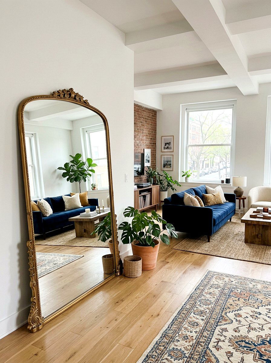Oversized Leaning Floor Mirror - 30 renter friendly living room ideas