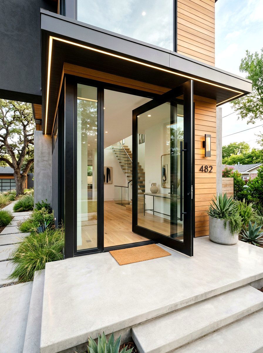Oversized Modern Glass Entrance - 30 luxury front porch styling ideas