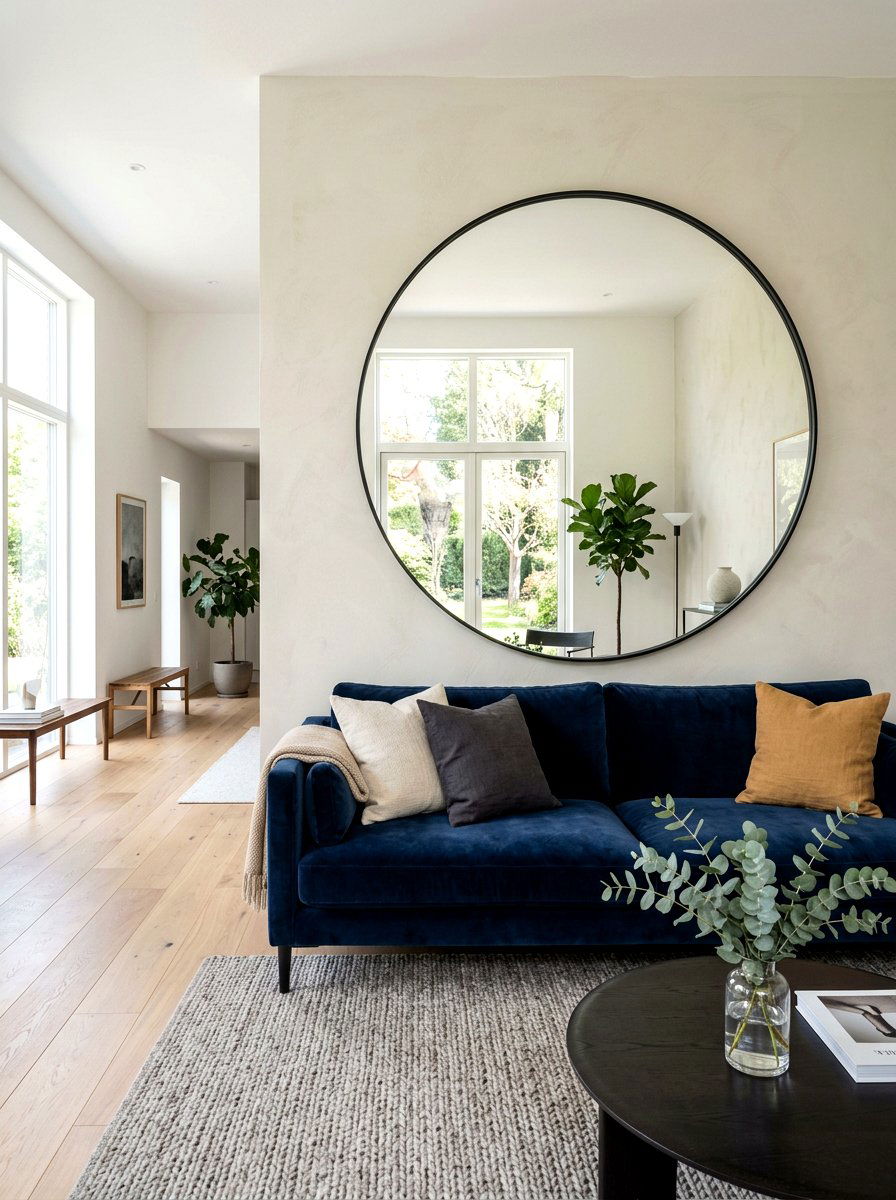 Oversized Round Mirror - 30 behind sofa decor ideas