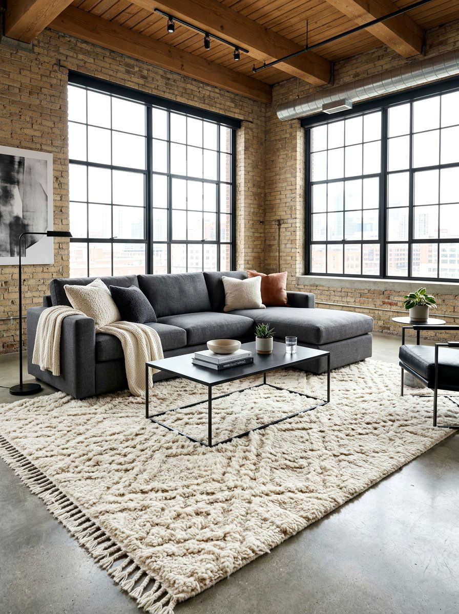 Oversized Textured Rug - 30 moody hotel lobby living room ideas