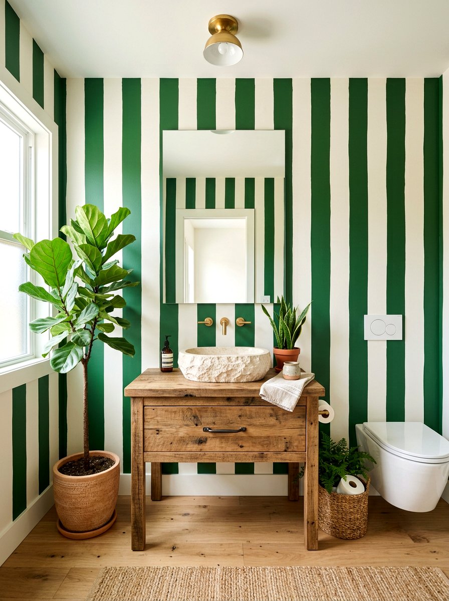 Oversized Vertical Green Stripe Bathroom - 30 stripe powder bath ideas