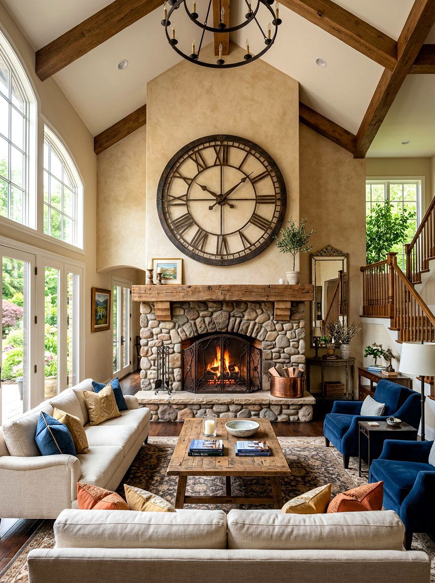 Oversized Wall Clock - 30 fireplace mantel ideas