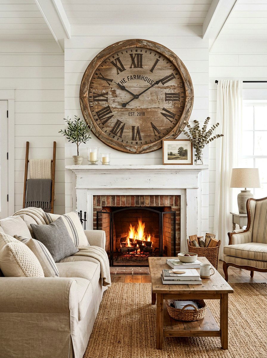 Oversized Wall Clock - 30 rustic farmhouse living room ideas