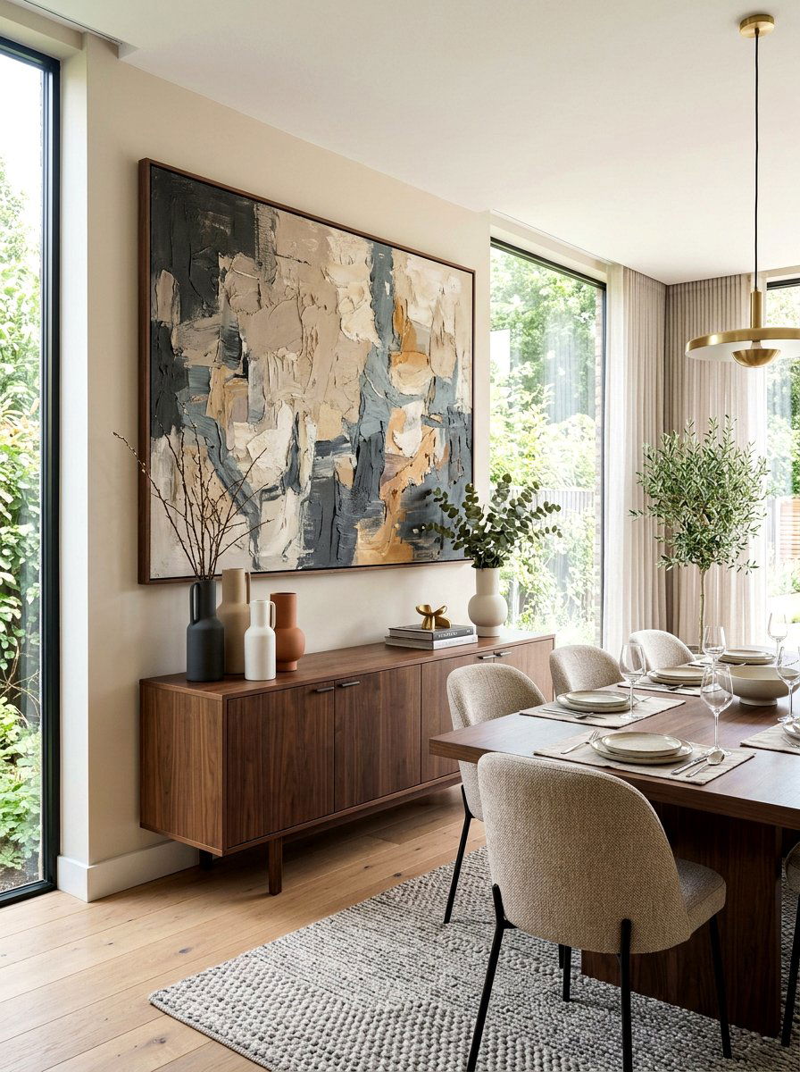 Oversized abstract art above dining room sideboard - 30 dining room sideboard styling ideas