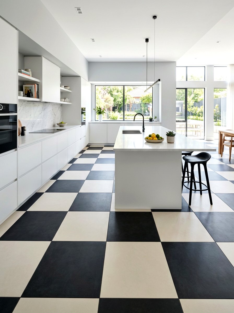 Oversized checkerboard floor tiles - 30 checkerboard kitchen tile ideas