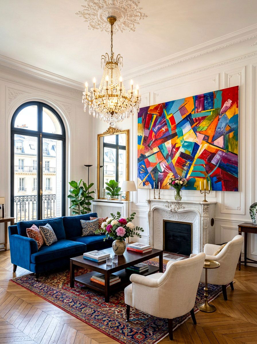Oversized contemporary art piece - 30 Parisian living room ideas