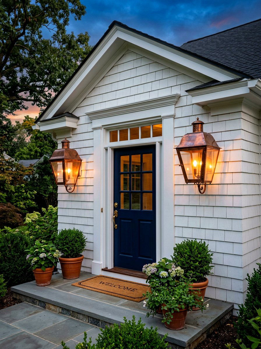 Oversized copper wall lanterns - 30 Nancy Meyers front porch ideas