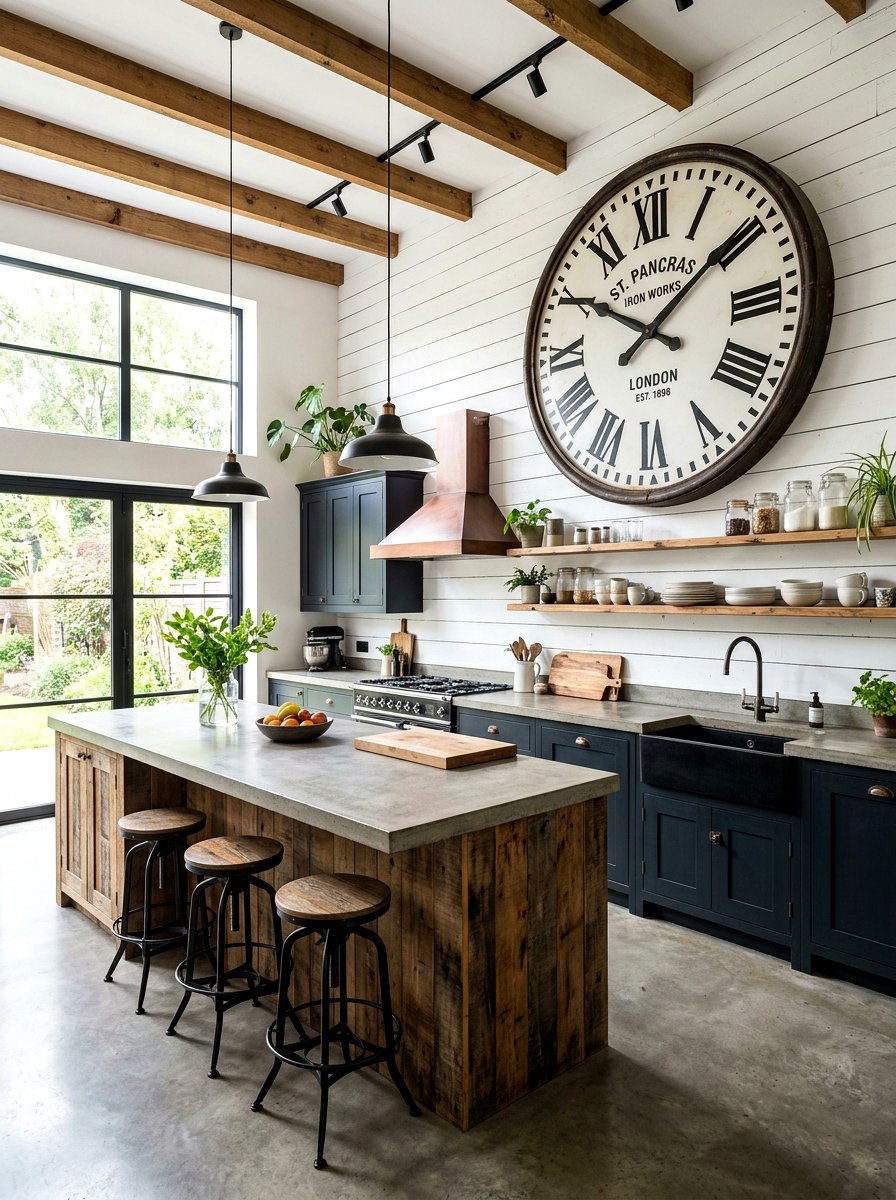 Oversized factory clock - 30 industrial farmhouse kitchen ideas