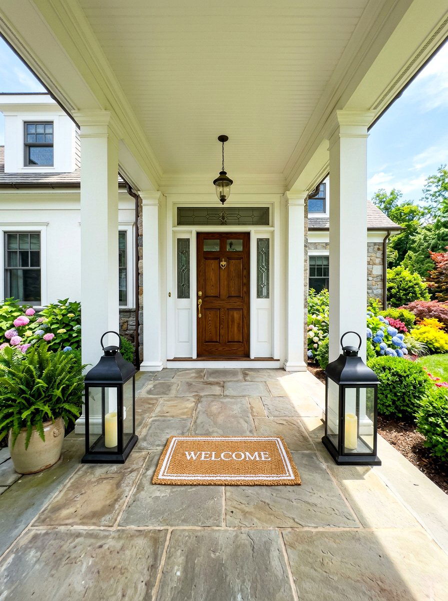 Oversized floor lanterns near entryway - 30 candle lantern patio styling ideas