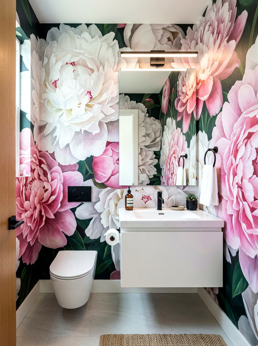 Oversized flower print wallpaper - 30 floral wallpaper powder room ideas