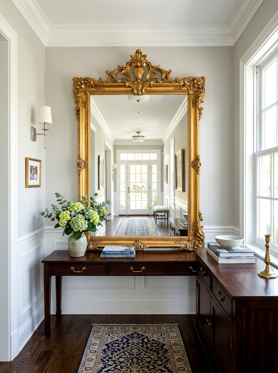 Oversized gold mirror - 30 dramatic foyer decor ideas