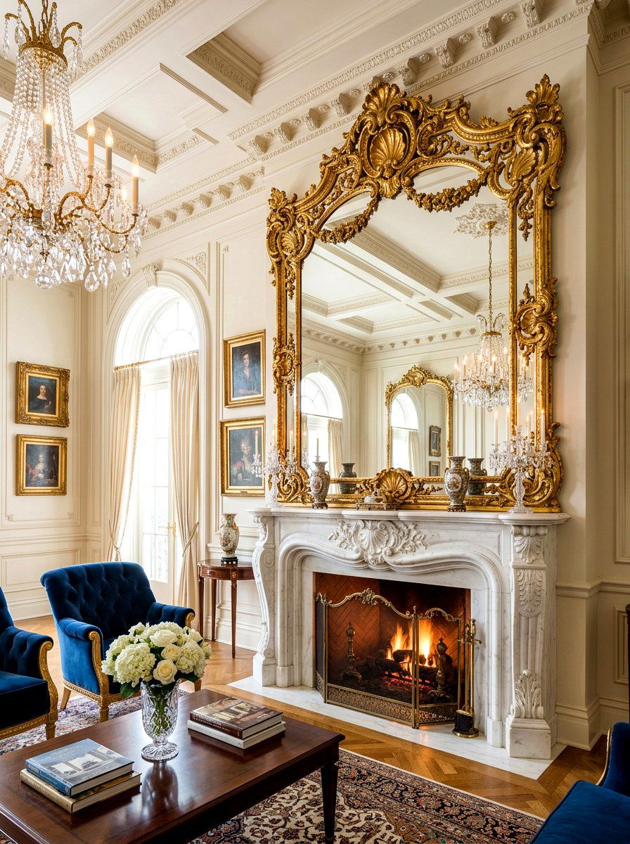 Oversized gold mirror - 30 mantel shelfie ideas