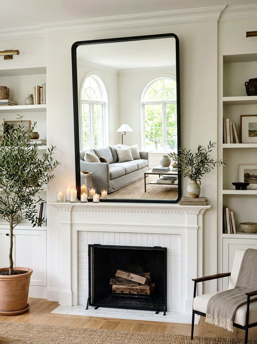 Oversized leaning mirror - 30 mantel decor ideas
