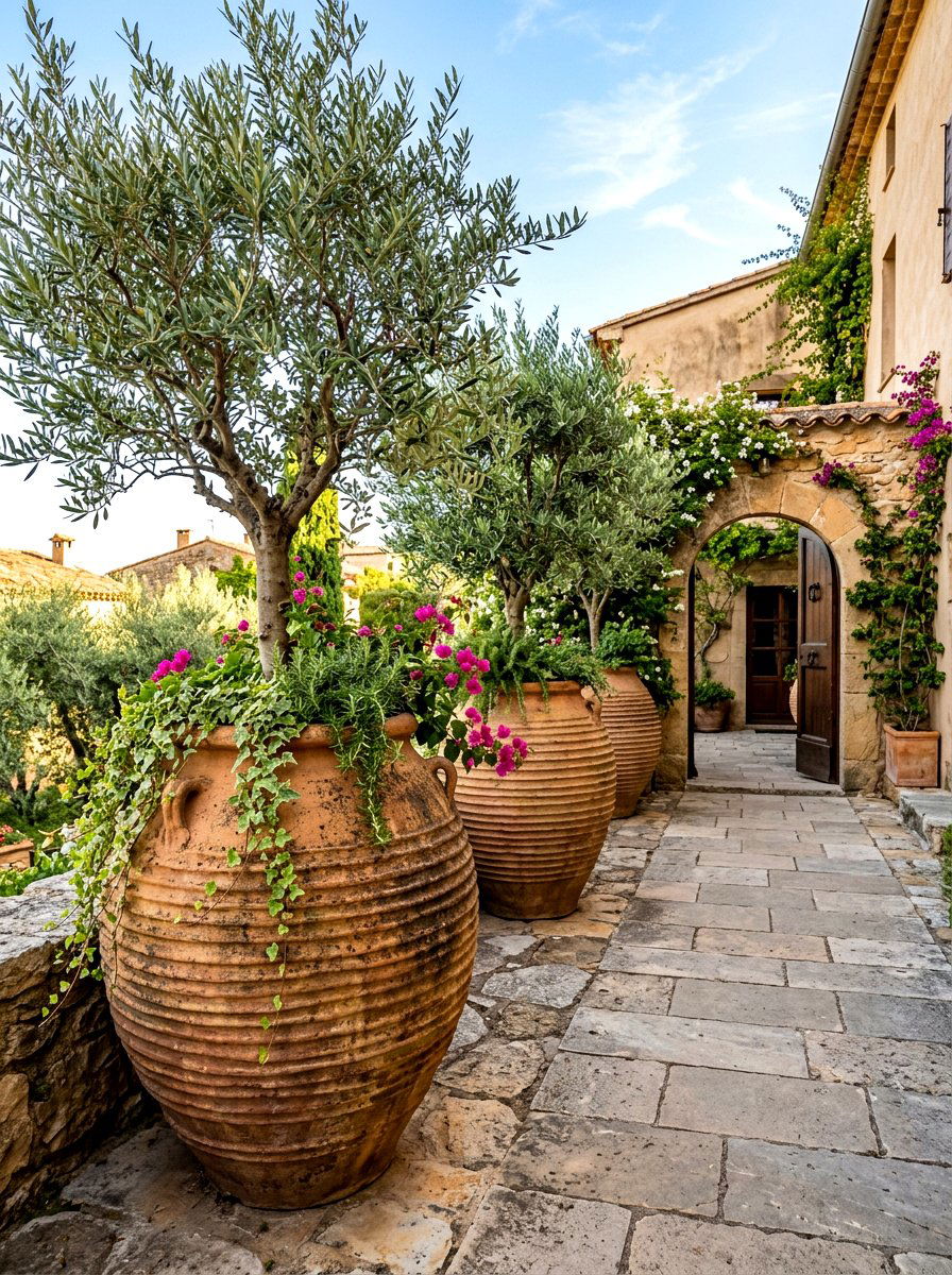 Oversized textured clay pots - 30 front porch planter ideas