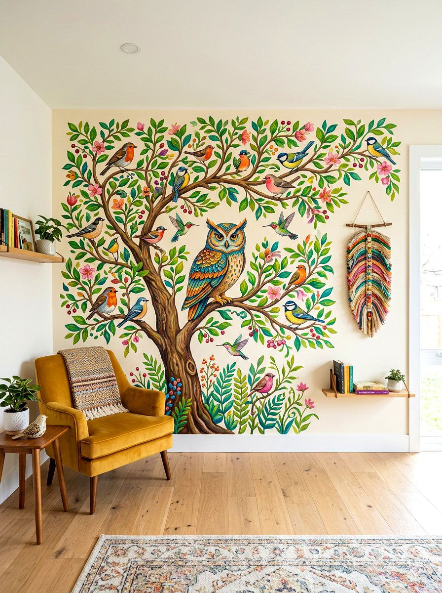 Owl And Bird Tree Mural - 30 woodland wall mural nursery ideas