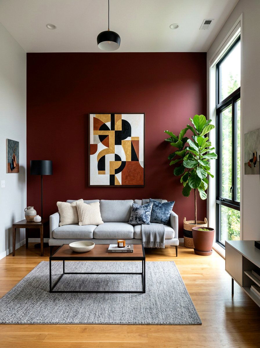 Oxblood Accent Wall - 30 oxblood living room ideas