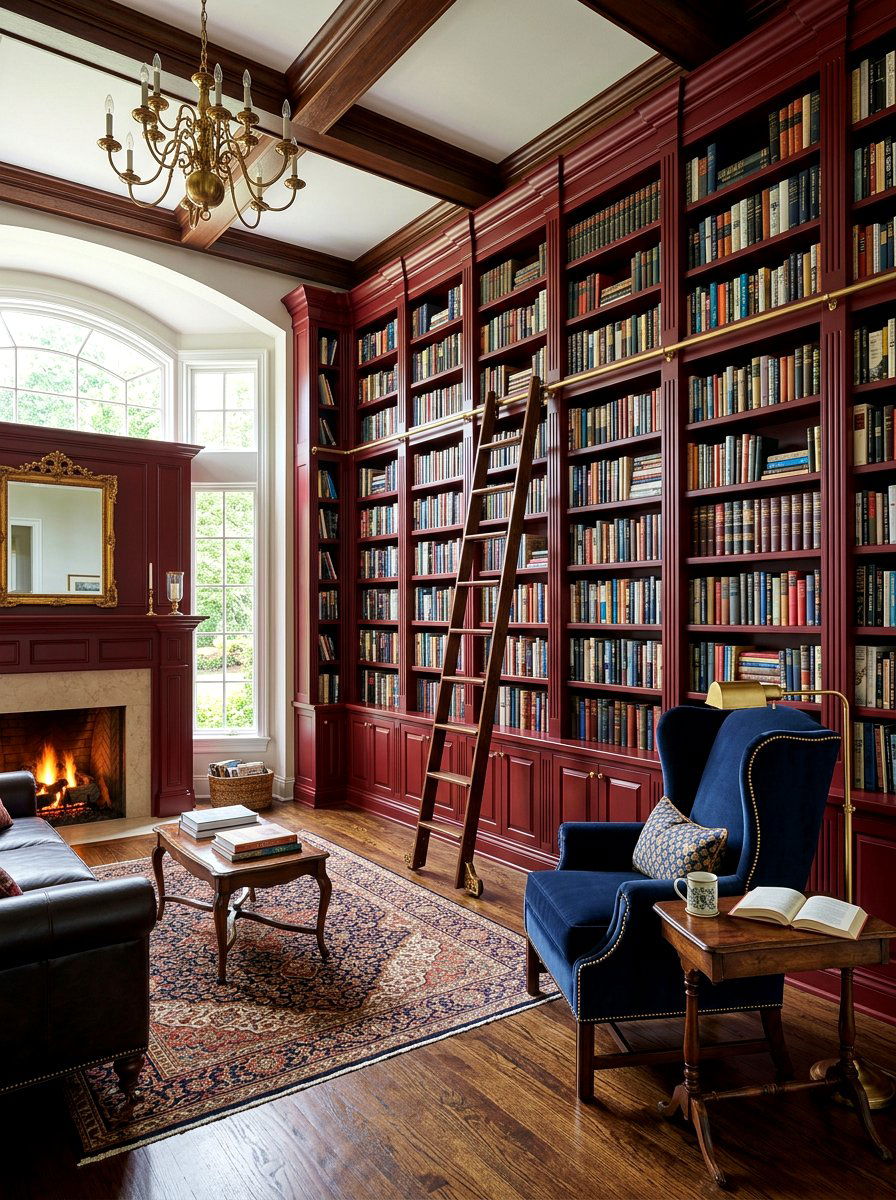 Oxblood Built In Bookshelves - 30 oxblood living room ideas