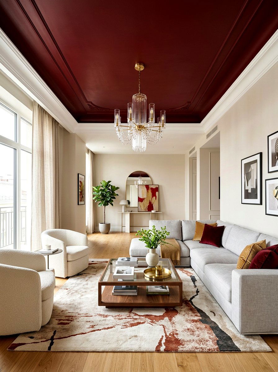 Oxblood Painted Ceiling - 30 oxblood living room ideas