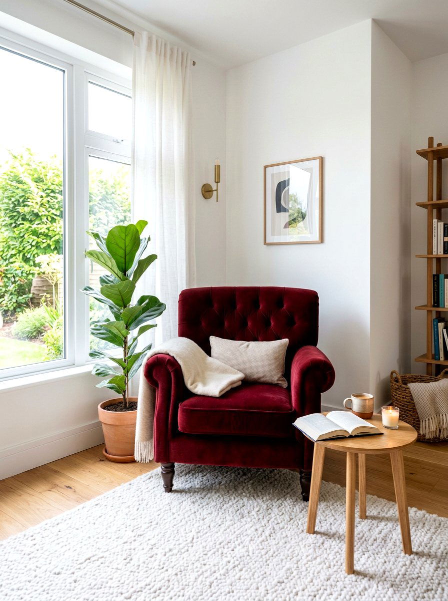 Oxblood Velvet Armchair - 30 oxblood living room ideas