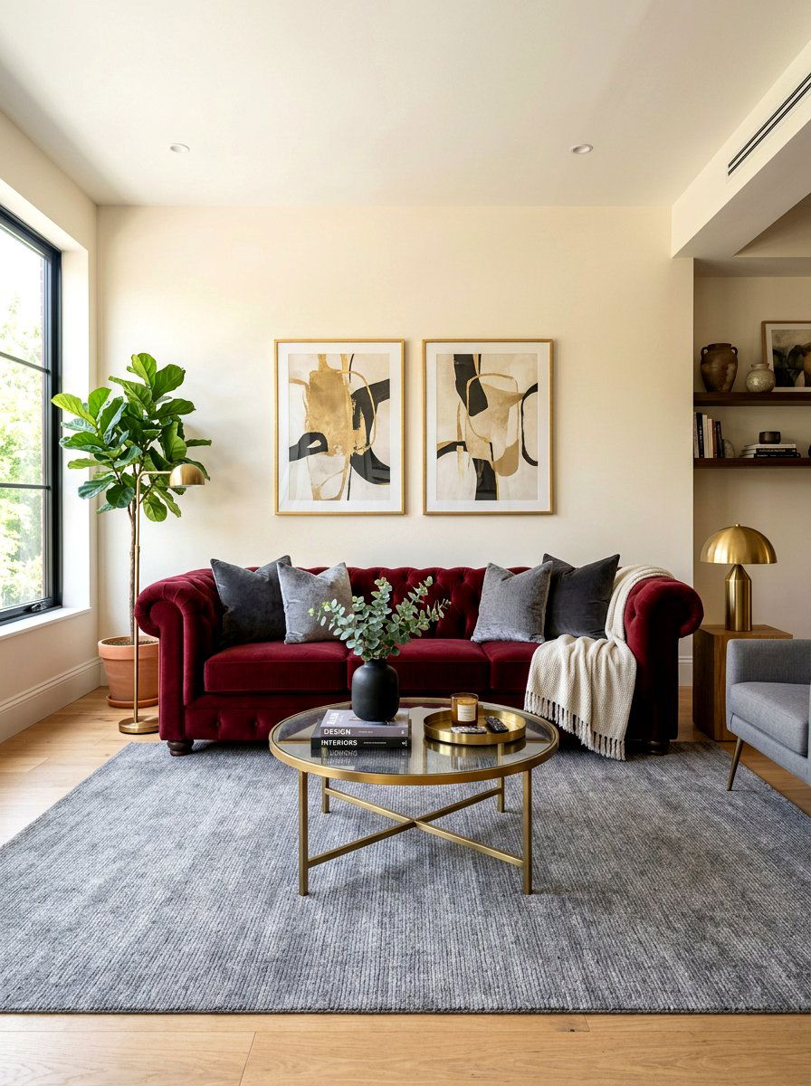 Oxblood Velvet Sofa - 30 oxblood living room ideas