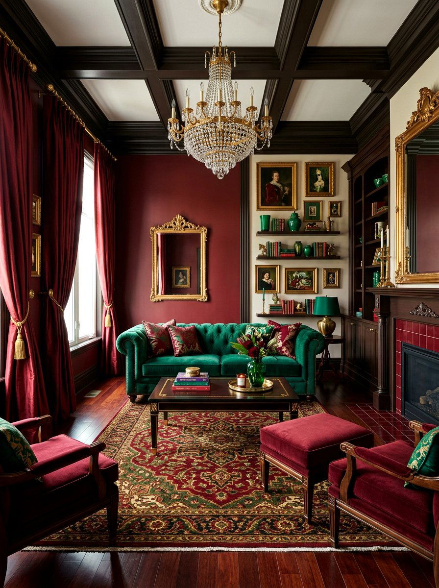 Oxblood and emerald green living room - 30 oxblood accent living room ideas