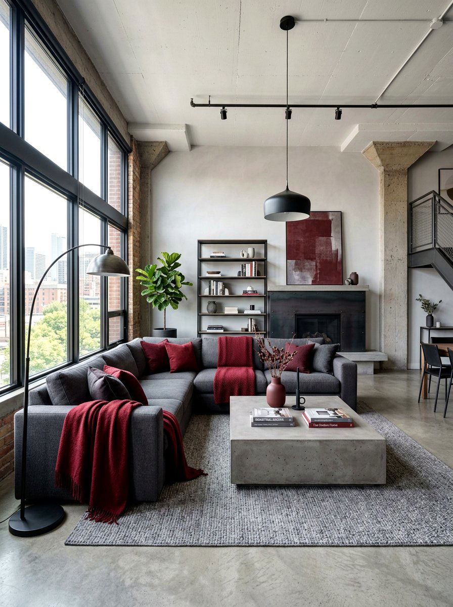 Oxblood and grey living room - 30 oxblood accent living room ideas