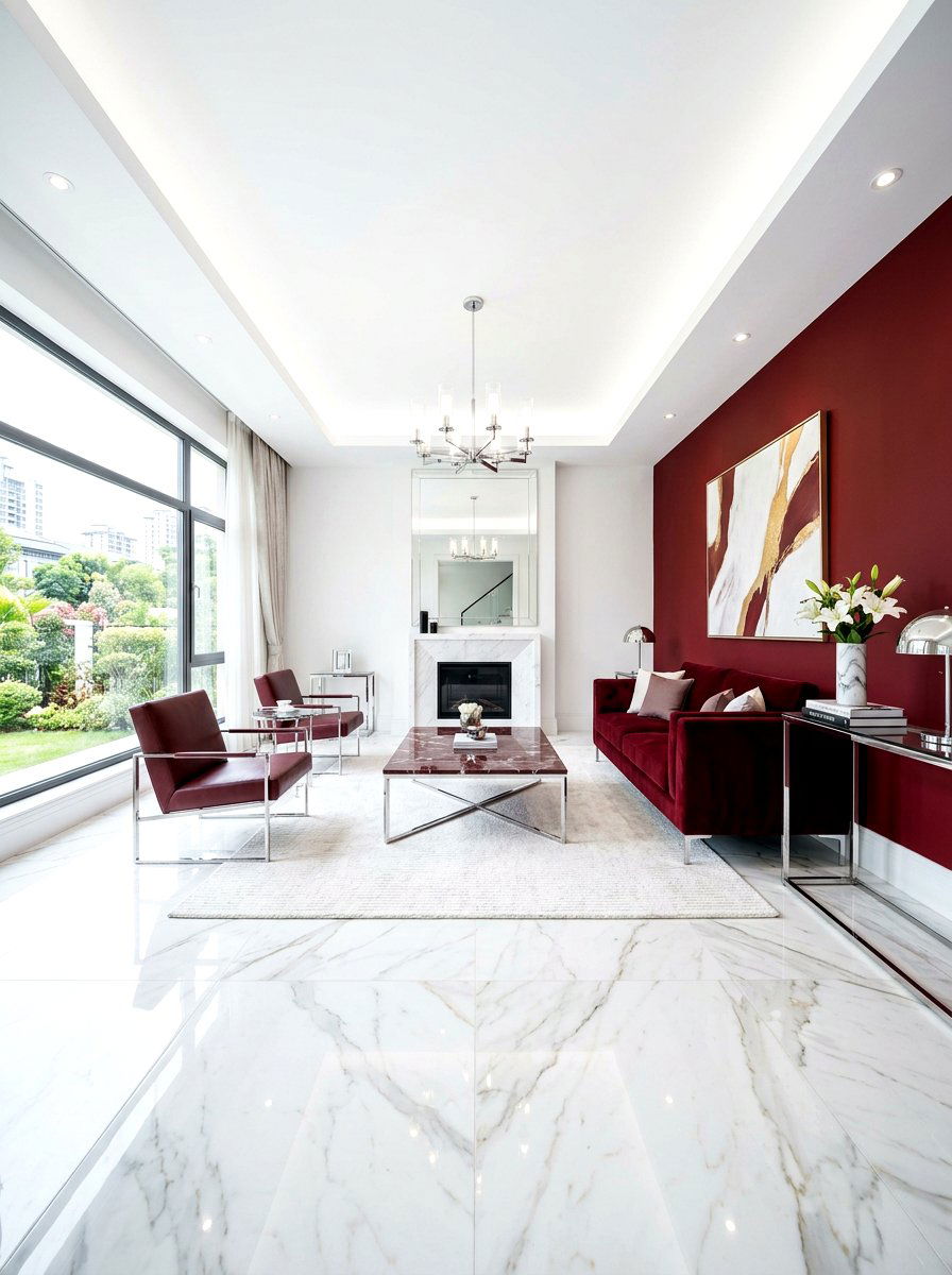 Oxblood and white marble living room - 30 oxblood accent living room ideas
