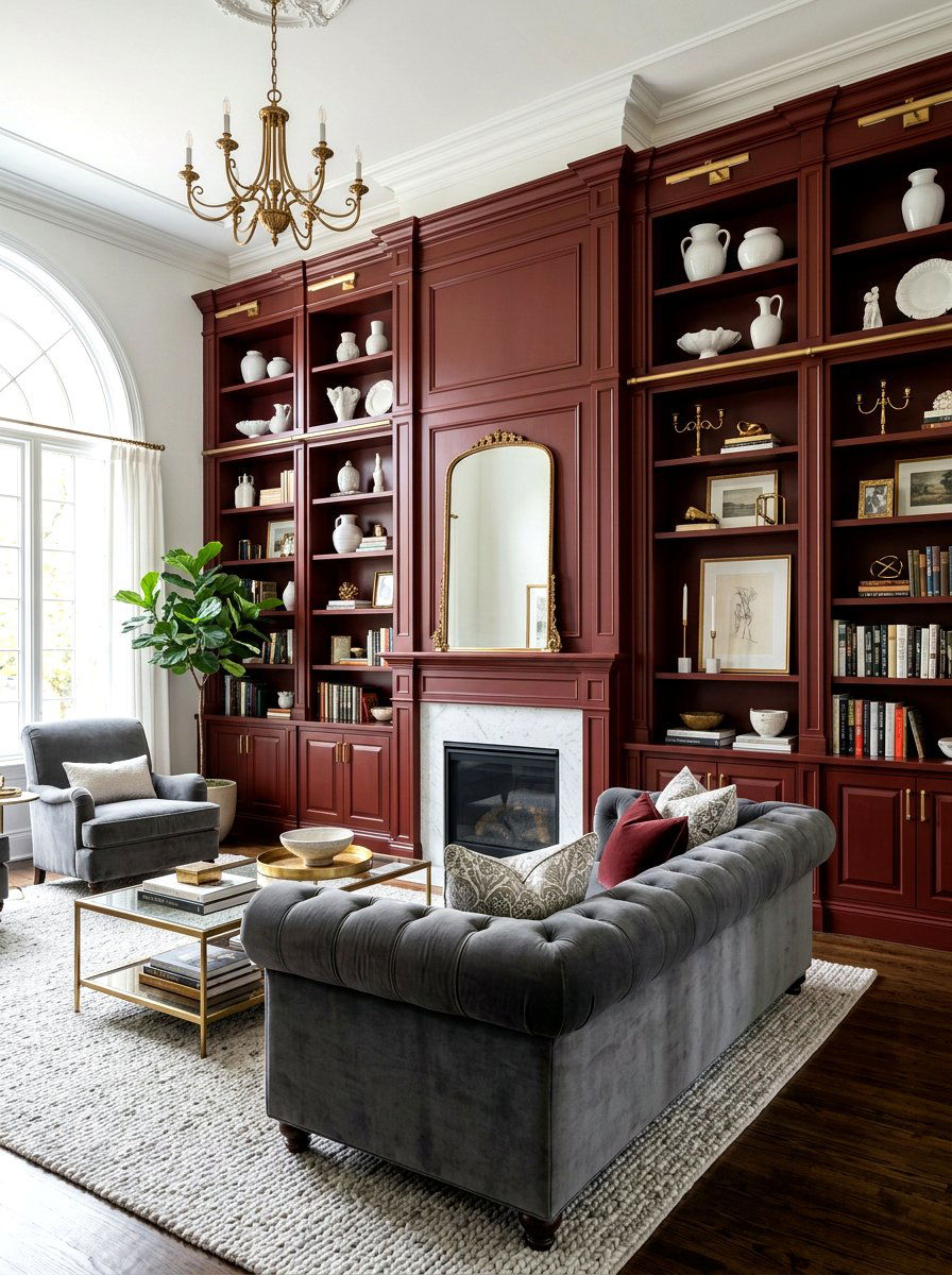 Oxblood built in shelving living room - 30 oxblood accent living room ideas