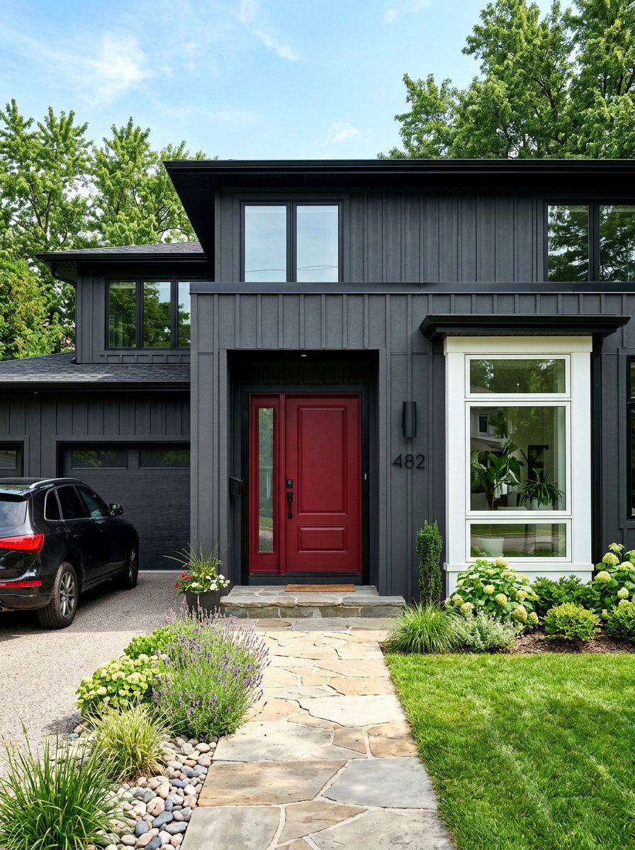 Oxblood front door gray house - 30 oxblood front door ideas