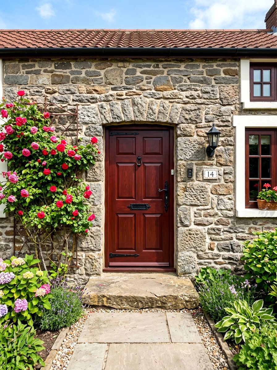 Oxblood front door stone exterior - 30 oxblood front door ideas