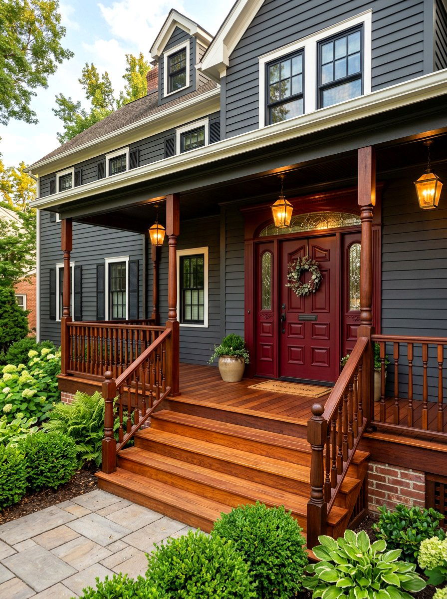 Oxblood front door wood porch - 30 oxblood front door ideas