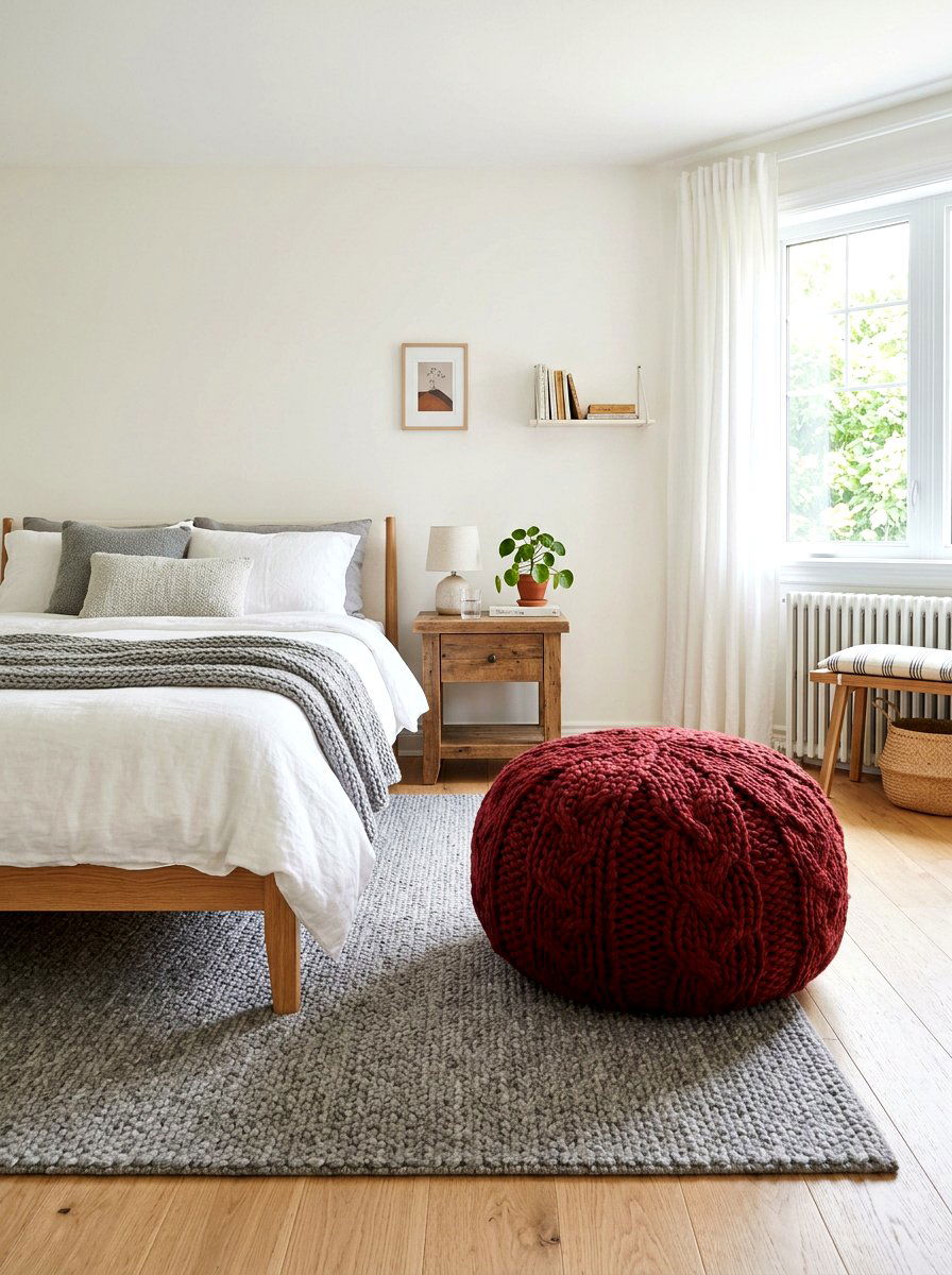 Oxblood knitted pouf - 30 oxblood bedroom accents ideas