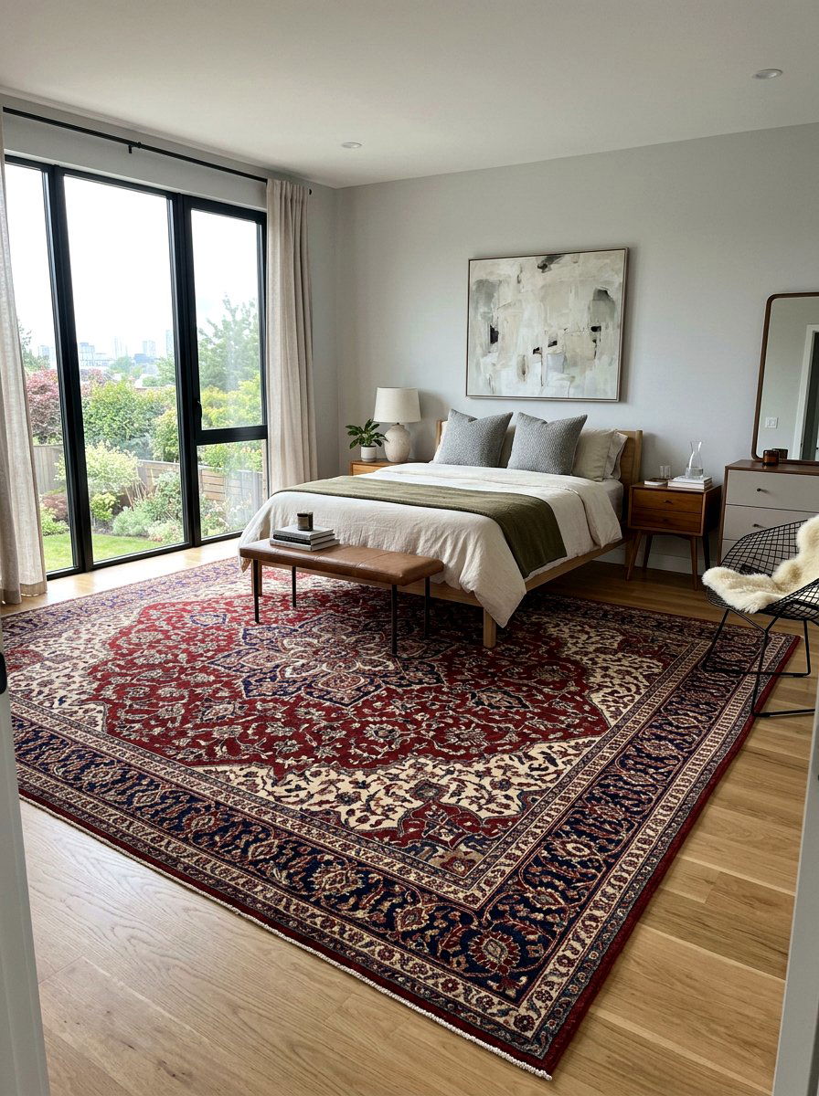 Oxblood patterned rug - 30 oxblood bedroom accents ideas