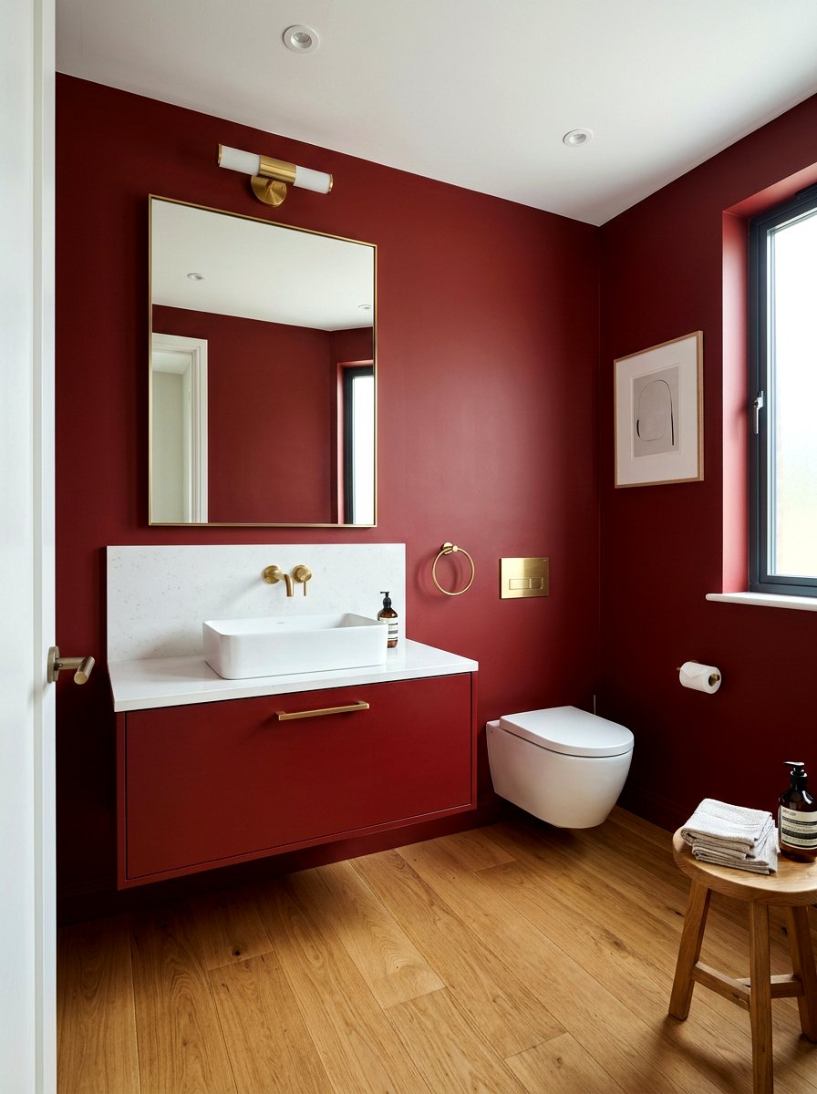 Oxblood powder room floating vanity - 30 oxblood powder room ideas