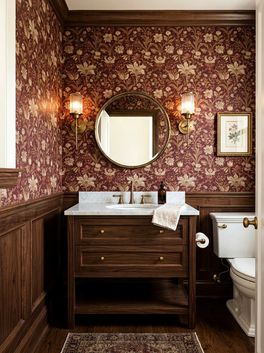 Oxblood powder room wallpaper - 30 oxblood powder room ideas