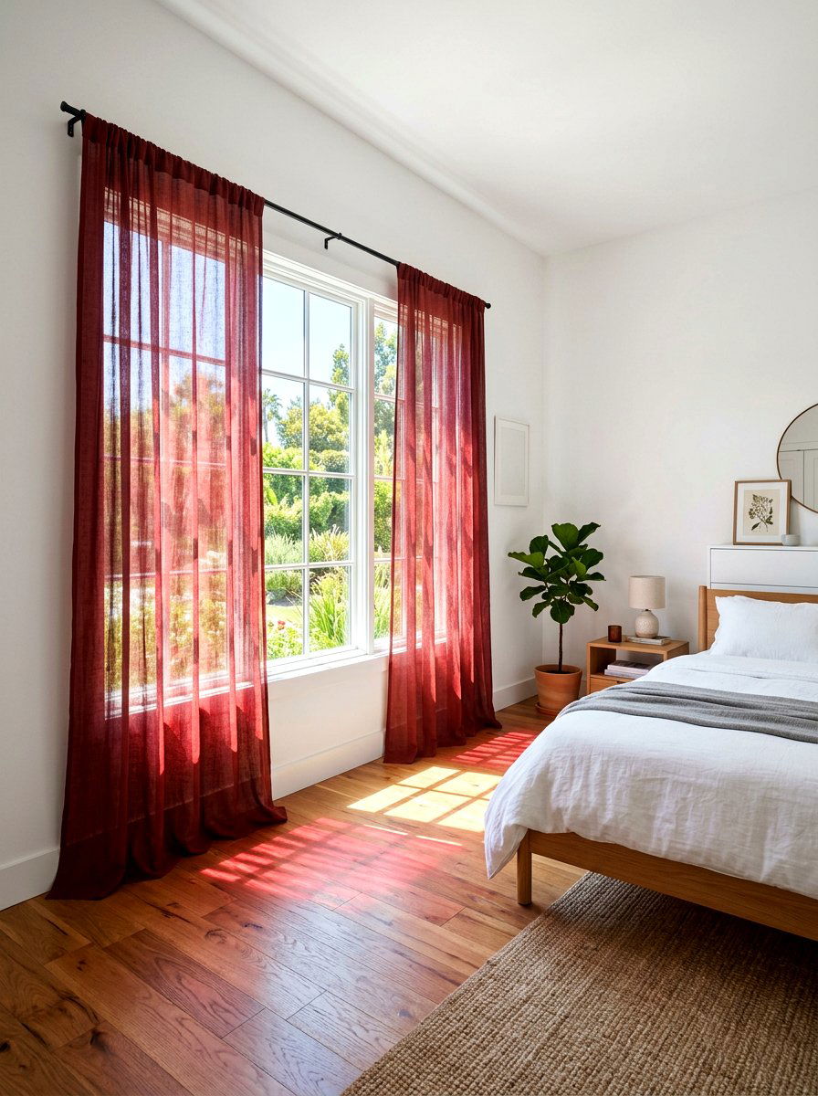 Oxblood sheer curtains - 30 oxblood bedroom accents ideas