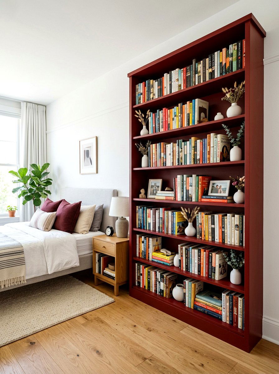 Oxblood shelving unit - 30 oxblood bedroom accents ideas