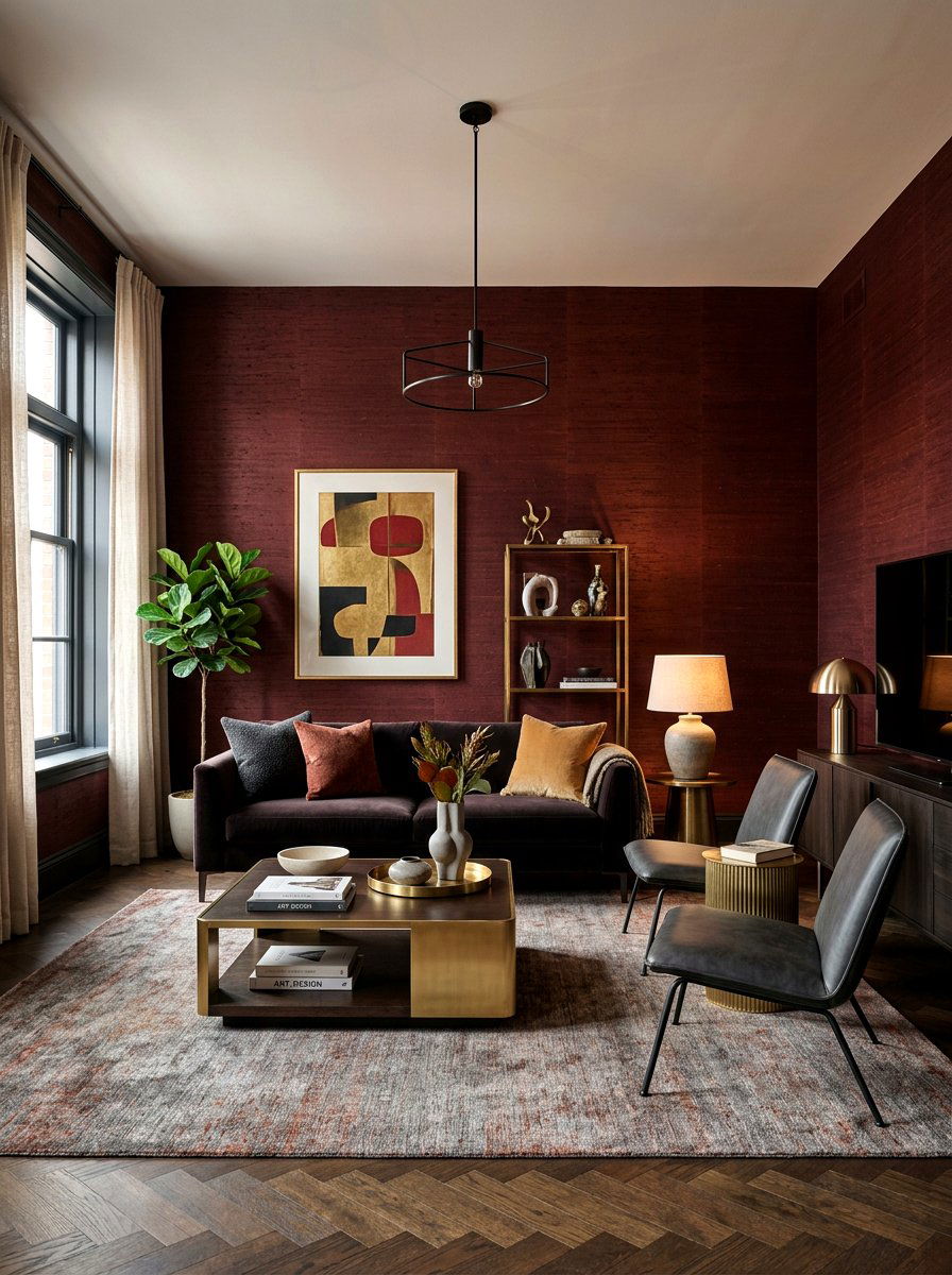 Oxblood textured wallpaper living room - 30 oxblood accent living room ideas