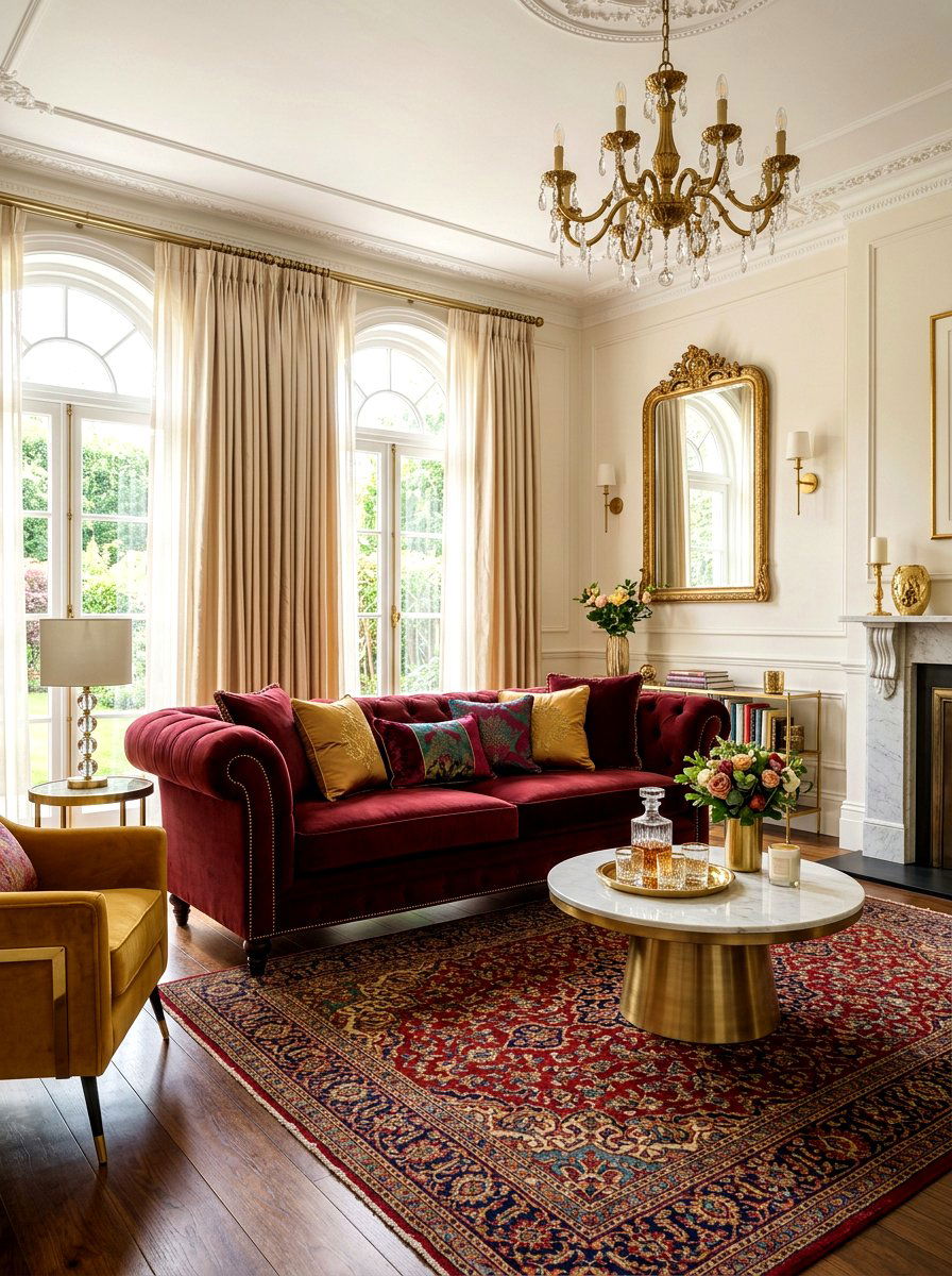Oxblood velvet sofa living room - 30 oxblood accent living room ideas