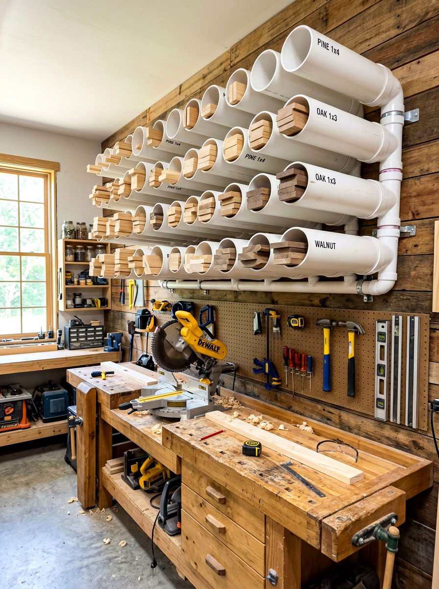 PVC pipe lumber storage - 30 garage ceiling storage ideas