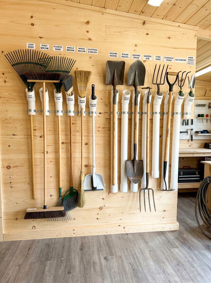 PVC pipe tool holster - 30 garden tool wall ideas