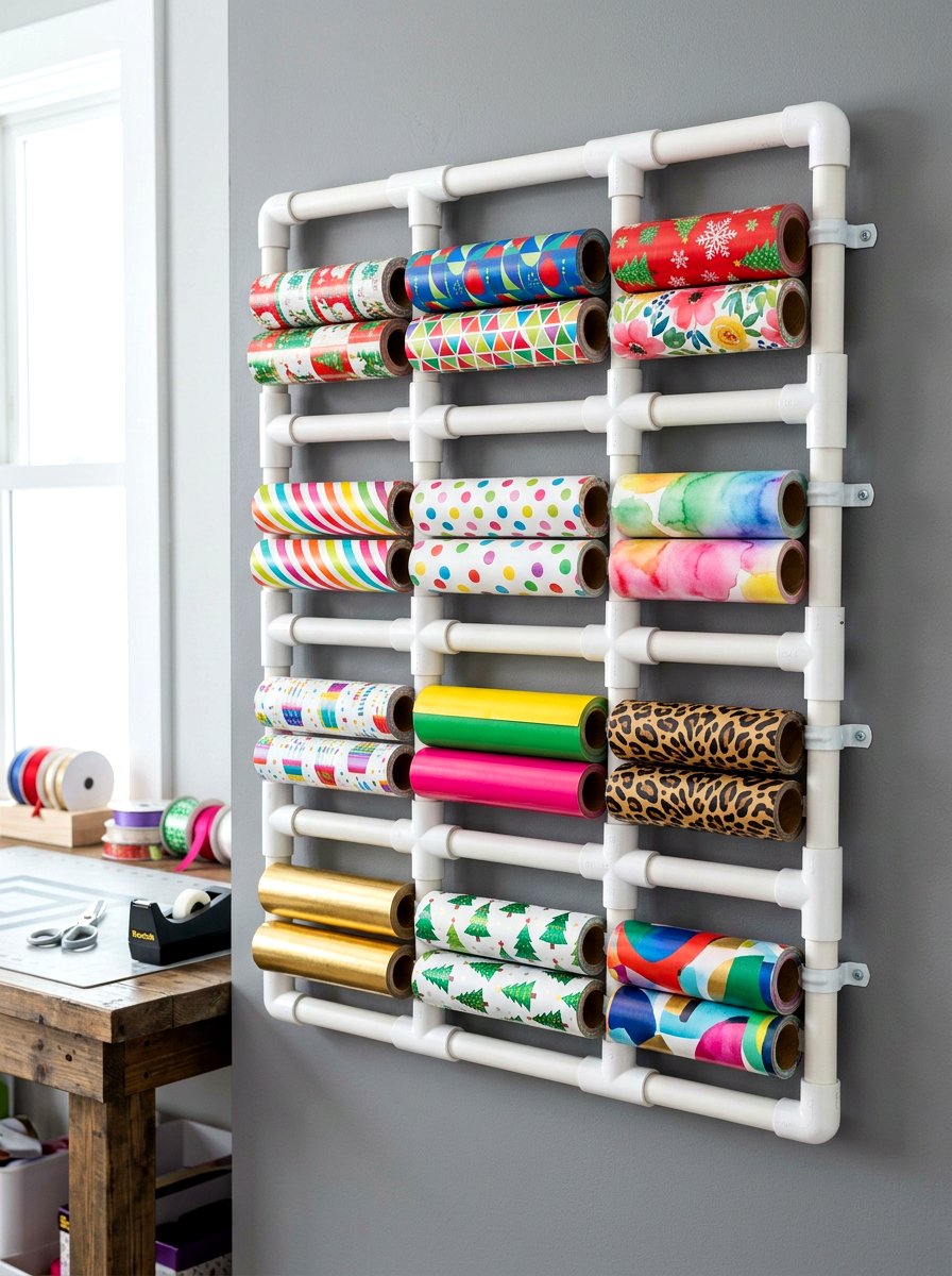 PVC pipe wrapping paper organizer - 30 wrapping paper storage ideas